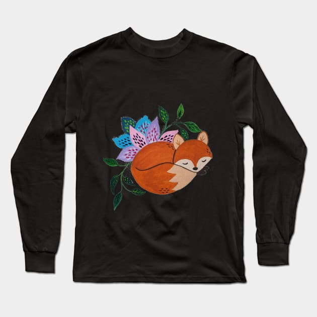 Little Fox and Floral Pattern in Acrylic Style Long Sleeve T-Shirt by Starlight Tales